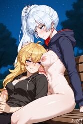 1girls ai_generated autotitfuck blue_eyes breasts cumming ejaculation futanari hoodie masturbating nimona1491_(artist) rwby semen_on_body sitting_on_bench solo titjob weiss_schnee yang_xiao_long