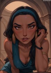 the_prince_of_egypt tzipporah jousneystudio ai_generated 1girl female dress solo black_hair breasts jewelry armlet brown_eyes looking_at_viewer dark_skin clothing dark-skinned_female bracelet earrings long_hair blue_dress brown_lips hairband trembling blue_hairband cleavage biting_own_lip lips medium_breasts parted_lips aqua_hairband leaning_forward forehead covered_nipples collarbone sleeveless thick_eyebrows artist_name blush bare_shoulders nose arm_support sleeveless_dress no_bra patreon_username downblouse hanging_breasts web_address hoop_earrings gold_earrings hair_over_shoulder raised_eyebrow makeup freckles