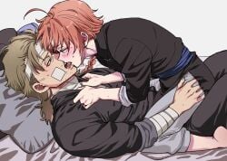 androgynous twink age_difference male male_only gay yaoi 2boys gintama kamui_(gintama) abuto brown_hair long_hair orange_hair long-haired_male braid braided_hair kissing blush sweat on_back injured injury bandages eye_contact fully_clothed chinese_clothes on_bed looking_at_another french_kiss mature_male older_male_and_younger_male mature mullet