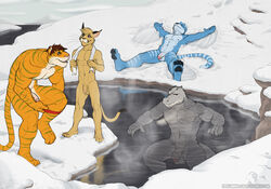 anthro balls cougar crocodile feline furry group hot_spring male male_only mammal nude penis public_nudity reptile scalie snow spelunker_sal swim tiger uncut undressing water winter