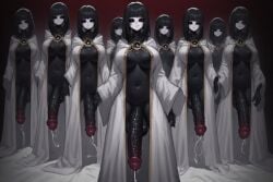 black_hair black_skin open_robe white_face futanari assimilation bangs naked_under_robes leaking_precum black_sclera nipples ai_generated hyper_penis legs_apart legs_hidden belly_button stomach smirk large_breasts pullthetriggeryoubitch