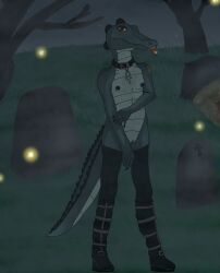 ankh anthro bea_santello black_nails boots breasts cemetery cigar cigar_in_mouth cigarette clothing collar colored_nails crocodile crocodilian female fog footwear genitals grave hi_res nails night_in_the_woods object_in_mouth reptile scalie shoes small_breasts stardust_strix vulva