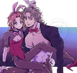 2boys abuto age_difference alternate_costume androgynous big_pecs blue_eyes blush bowtie braid braided_hair bulge bunny_ears bunnysuit crossdressing femboy fishnets gay gintama high_heels kamui_(gintama) long-haired_male long_hair looking_at_viewer male male_only male_playboy_bunny masculine_crossdresser mature mature_male mullet nanameru nervous orange_hair pecs pectoral_cleavage red_leotard single_braid sitting sitting_on_lap sitting_on_person smile sweatdrop twink white_leotard yaoi