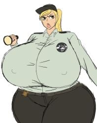 2d 2d_(artwork) alternate_body_type alternate_breast_size alternate_thigh_size blonde_hair blonde_hair_female breasts_bigger_than_torso digital_drawing_(artwork) digital_media_(artwork) five_nights_at_freddy's five_nights_at_freddy's:_security_breach flashlight human human_female human_only kissable_lips light_skin light_skinned_female lips momiji_(artist) nipple_bulge obese security_guard security_guard_female solo solo_female solo_focus sweat sweatdrop vanessa_(fnaf) white_background