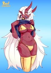 1girl akumi artist_name bikini breasts cleavage gradient gradient_background hair_between_eyes horns indie_virtual_youtuber jewelry large_breasts long_hair looking_at_viewer monster_girl multicolored navel oni_horns pointy_ears red_skin side-tie_bikini smile solo swimsuit underboob very_long_hair virtual_youtuber vtuber vyugen white_hair yellow_bikini yellow_eyes yellow_legwear