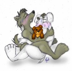 2011 adult_swim anthro blush brian_griffin canine duo family_guy fox hug male male_only mammal multiple_males new_brian plushie rcc2002 rupert_(family_guy) sitting sweat teddy_bear yaoi