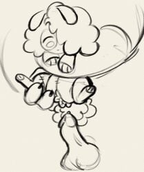afro ambiguous_gender animate_inanimate anthro balls big_tail bodily_fluids bunnybuttz disembodied_hand disembodied_penis duo genital_fluids genitals hole_(anatomy) humanoid_genitalia humanoid_penis lagomorph leporid lifted living_plushie looking_down male mammal monochrome penis plushie plushophilia precum rabbit red_velvet_(velveteenvampire) ripped_seam seam_(sewing) size_difference small_penis solo_focus stuffing tail