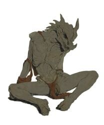 absurd_res anthro balls barefoot bone bottomwear bottomwear_aside clothing clothing_aside dragon elden_ring empty_eyes facial_horn feet flaccid foreskin fromsoftware genitals hi_res horn humanoid_feet humanoid_genitalia humanoid_penis loincloth loincloth_aside male mythological_creature mythological_scalie mythology nose_horn penis plantigrade scalie silicon65 simple_background sitting skeleton skinny skull solo spikes spikes_(anatomy) teeth toes torn_clothing white_background