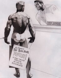 2boys ass english_text gay handcuffs harry_bush male male_only monochrome original police protest solo tan_skin tanline text traditional_media yaoi
