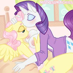 anthro bed big_breasts blush breasts closed_eyes clothed clothing cutie_mark duo equine female fluttershy_(mlp) friendship_is_magic fur hair half-closed_eyes half-dressed horse kissing lying mammal mistressmunchies my_little_pony nipples on_back pink_hair pony purple_hair rarity_(mlp) straight_hair suckling window yuri