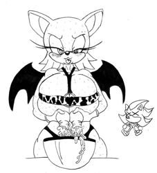 anthro big_breasts black_and_white breast_milking breasts clothing cow_print damian_hodge duo female huge_breasts hyper hyper_breasts lactating_into_container lactation male milk monochrome nipples plain_background rouge_the_bat sega shadow_the_hedgehog sonic_(series) tongue tongue_out underwear