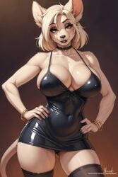 ai_generated big_ears blonde-haired_female blonde_female blonde_fur blonde_hair blonde_hair_female bracelets breasts choker cleavage clothed clothed_female clothing dark_makeup dress female female_only fit fit_female furry furry_female furry_only hair hands_on_hips makeup shiny shiny_clothes short_dress simple_background tail tight_clothes tight_clothing unknown_species vinyl