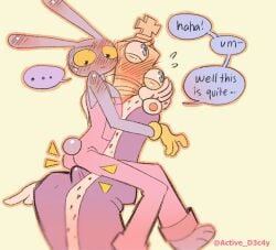 active_d3c4y age_difference anthro blush boner bunny dialogue duo gloves jax_(tadc) jax_(the_amazing_digital_circus) kinger_(tadc) kinger_(the_amazing_digital_circus) male_only object_head part_3 purple_fur rabbit sitting_on_lap sitting_on_penis tagme the_amazing_digital_circus yellow_sclera