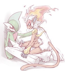 anthro blades blush censored cum duo erection fire fur gallade gay hair infernape male mammal masturbation nintendo nude open_mouth penis plain_background pokemon pokemon_(species) primate red_eyes smile sweat video_games