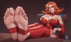 dota dota_2 lina feet footwear foot_fetish feet_up feet_focus feet_together soles toes red_hair red_eyes solo female_only female 1girls mortred_(artist) ai_generated ai_assisted big_breasts huge_breasts sfw clothed stirrup_legwear stirrups light-skinned_female lipstick makeup
