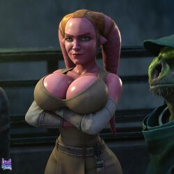 1girl 1girls 2026 3d 3d_(artwork) 3d_render aged_up ai_assisted ai_generated alien alien_girl alley arms_crossed armwear athletic_female big_ass busty cleavage_overflow clothed crossed_arms curvy devon_izara female headwear highres hourglass_figure huge_breasts jedi jedi_padawan large_breasts lewdstein lipstick oiled_skin pink_body seductive_look shiny_clothes solo star_wars star_wars:_maul_shadow_lord teenager twi'lek wet