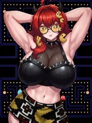 :v ai_generated collar coreia gabu_lml glasses horns large_breasts long_hair pacman_eyes red_hair virtual_youtuber