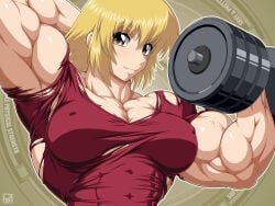 weights rentb gundam female muscles muscular muscular_female hair blonde_hair breasts