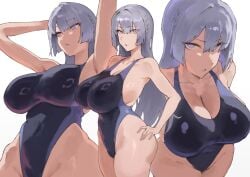 fukuya_art girls'_frontline ak-15_(girls'_frontline) absurdres highres 1girl alternate_breast_size_(larger) armpits arms_up bare_arms bare_shoulders black_one-piece_swimsuit blue_one-piece_swimsuit braid breasts cleavage collarbone competition_swimsuit covered_navel grey_hair hair_between_eyes hand_on_own_hip highleg highleg_one-piece_swimsuit huge_breasts long_hair looking_at_viewer looking_to_the_side one-piece_swimsuit parted_lips purple_eyes red_pupils side_braid sideboob simple_background solo standing swimsuit thighs two-tone_one-piece_swimsuit two-tone_swimsuit very_long_hair white_background