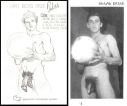 1boy ball_(object) balls_bulge blonde_hair english_text flaccid gay harry_bush looking_at_viewer male male_only monochrome muscular nipples original partially_colored penis pubic_hair real_person reference_image simple_background solo text traditional_media white_background yaoi