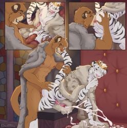 all_fours anal anal_orgasm anal_penetration anthro anus athletic athletic_anthro athletic_male backsack balls bodily_fluids butt clothed clothing comic cougar crown cum cum_on_ground cum_string cum_while_penetrated cumshot darkthorns digital_media_(artwork) duo ear_piercing ear_ring ejaculation erection eyes_closed felid feline fingers from_behind_position fur genital_fluids genitals hair half-closed_eyes hand_on_butt hand_on_penis handjob hands-free headgear hi_res holding_tail humanoid_genitalia humanoid_penis king licking licking_lips licking_own_lips looking_pleasured lying male male/male male_penetrated male_penetrating male_penetrating_male male_rimmed male_rimming male_rimming_male mammal narrowed_eyes nipples nude on_back one_eye_closed one_page_comic open_clothing open_robe oral orgasm pantherine penetration penile penile_penetration penis piercing rimming ring_piercing robe royalty self_lick sex smile spread_legs spreading standing standing_sex tail teeth tiger tongue tongue_out