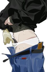 original original_character tagme tagme_(artist) artist_request jacket shirt shirt_lift waist hips panties pulling_panties pubic_hair pants pants_down sweat sweatdrop sweating