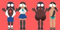 1futa 1girls balls big_areola black_hair bowtie brown_nipples cleavage dark-skinned_female erection_under_clothes female futa_with_female futanari glasses hamonikafe huge_breasts huge_cock long_socks original_character panties red_background shirt shoes skirt socks tan_nipples topless twintails unbuttoned_shirt