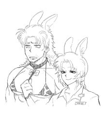 male male_only gay yaoi 2boys upper_body kamui_(gintama) gintama abuto geny8k monochrome bikini bikini_top smile cow_print cow_print_bikini rabbit_ears kemonomimi long-haired_male long_hair mullet age_difference name_tag collar leash younger_dom_older_sub micro_bikini big_pecs stubble mature mature_male height_difference sketch