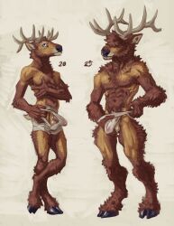 2026 abs absurd_res animal_genitalia animal_penis anthro antlers balls bottomwear bulge cervine clothed clothing deer duo elk genitals half-erect hi_res hooves horn leg_tuft male mammal momamo muscular muscular_male neck_tuft partially_clothed pecs penis shaggy_hair sheath simple_background thigh_tuft topless translucent translucent_clothing tuft