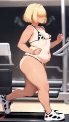 ai_generated areola_slip blonde_hair chubby_female cow_print_bikini fat_rolls female hair_covering_eyes large_areolae parted_lips running self_upload small_breasts sneakers solo_female solo_focus sweaty tagme tan tanlines tm4k treadmill video