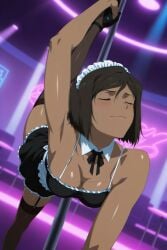 korra _yumidreams ai_generated french_maid maid the_legend_of_korra apron arm_up armpits bare_shoulders black_dress black_footwear black_hair black_thighhighs blush bob_cut breasts brown_hair cleavage closed_eyes dark_skin dark-skinned_female detached_collar dress frills garter_straps high_heels leg_up maid_headdress medium_breasts pole_dancing shiny shoes short_hair smile solo split standing standing_on_one_leg stripper_pole thighhighs brown-skinned_female chest_focus cleavage_focus flexible dancing posing stripper night_club