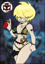 8ball9615 big_breasts bikini blonde_hair camo_bikini camouflage dog_tags hair_covering_eyes hair_over_eyes original_character pouch_(clothing) sharp_teeth spray_can tattoo vivian-viper_(8ball9615)