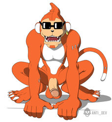 2012 anti_dev balls bandai digimon ear_piercing erection etemon eyewear humanoid_penis looking_at_viewer male male_only mammal monkey nude open_mouth orange_body penis piercing plain_background primate solo sunglasses tongue