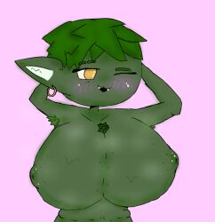 armpit_hair chubby coopher ear_piercing female_only goblin green_hair green_skin hyper_breasts musk musky self_upload shortstack simple_background