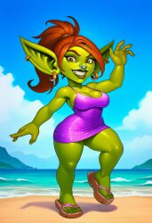 ai_generated auburn_hair beach blizzard_entertainment boobs breasts clothing dress ear_piercing ear_ring earrings female goblin goblin_female green_body green_skin hair hi_res humanoid naked naked_female nipples piercing ponytail purple_clothing purple_dress ring_piercing sand sandals seaside short_stack shortstack slopmaster22 smile solo sparkly_dress tropical warcraft world_of_warcraft