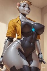 ai_generated arm_behind_back big_breasts black_body black_nipples blonde_hair breasts breasts_out curvaceous curvaceous_body curvaceous_female curvaceous_figure curves curvy curvy_body curvy_female curvy_figure curvy_hips female female_only female_robot hair hand_on_thigh indoors jacket jacket_only mechanical mohawk mohawk_(hairstyle) nipples non-mammal_breasts non-mammal_nipples robot_girl side_eye_at_viewer silver_body smirk smirking_at_viewer very_short_hair