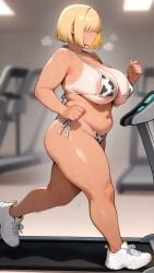 ai_generated areola_slip blonde_hair chubby_female cow_print_bikini fat_rolls female hair_covering_eyes large_areolae large_breasts parted_lips running self_upload small_breasts sneakers solo_female solo_focus sweaty tagme tan tanlines tm4k treadmill video