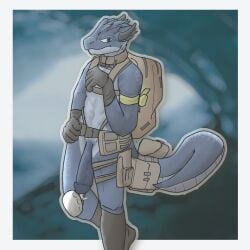 anthro backpack belt bodily_fluids border casual_nudity clothing cynalite dripping flaccid footwear gear genital_fluids genitals gloves handwear harness hi_res horn male mixed_media outline penis photo_background photography_(artwork) precum precum_drip scalie socks solo standing tail_harness