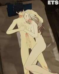 1boy 1girl after_sex after_vaginal ann_takamaki black_hair blonde_hair cuddling cuddling_up_together cum eulathighstraps eyes_closed female kissing_head kissing_partner male penis persona persona_5 pubic_hair ren_amamiya smiling