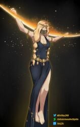 1girl blonde_hair bound clothed crucifixion dress elden_ring feet female female_only fromsoftware gag gagged gold_eyes hanging long_hair muzzle_gag queen_marika_the_eternal rodrigo_tckl