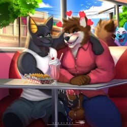 anthro balls bat beverage blush bodily_fluids bottomwear bulge cafeteria canid canine canis clothed clothing container cuddling cum cum_string cumshot detailed_bulge digital_media_(artwork) domestic_dog ejaculation erection erection_under_clothing food fries fur furniture genital_fluids genital_outline genitals group hair half-closed_eyes hand_on_penis handjob hi_res humanoid_genitalia humanoid_penis looking_at_another looking_pleasured male male/male mammal milkshake narrowed_eyes nekochan002 open_bottomwear open_clothing open_pants orgasm orgasm_face pants penile penis penis_outline public public_sex sex shirt shorts sitting smile stealth_sex tank_top teeth topwear