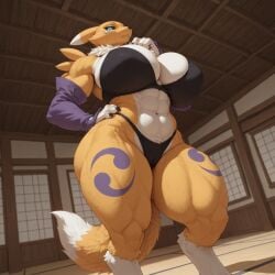 ai_generated bandai_namco digimon digimon_(species) renamon hi_res 4_fingers anthro big_breasts black_clothing blue_eyes bra breasts camel_toe clothed clothing female female_anthro fingers fluffy fluffy_tail fur glowing glowing_eyes huge_breasts inside japanese_architecture looking_at_viewer looking_down_at_viewer low-angle_view multicolored_body multicolored_fur muscular muscular_anthro muscular_female muscular_thighs navel panties renamon_gloves solo standing tail thick_thighs two_tone_body two_tone_fur underwear underwear_only white_body white_fur yellow_body yellow_fur