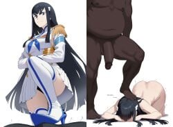 apologizing big_ass big_penis black_hair dark-skinned_male dark_skin defeated defeated_villainess dogeza dominant dominant_male domination fat_male head_down_ass_up humiliated humiliating humiliation instant_loss interracial kill_la_kill kiryuuin_satsuki lord_dante lorddantesito stepped_on stepping_on_head stepping_on_penis submissive submissive_female ugly_bastard very_dark_skin