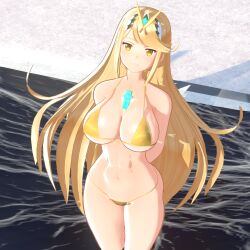 1girls 3d arms_behind_back beach bikini blonde_hair cleavage core_crystal female female_only gold_bikini half-closed_eyes hi_res large_breasts legs long_hair looking_at_viewer mythra navel ocean sensual sexy sideboob smile thighs thong_bikini toned voluptuous water xenoblade_(series) xenoblade_chronicles_2 yellow_eyes