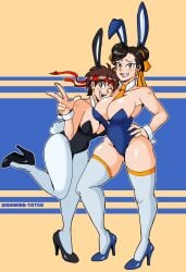 1girls 2girls big_breasts bowtie capcom chun-li fake_rabbit_ears female headband high_heels leotard nervous_smile pantyhose playboy_bunny sakura_kasugano shiningtatsu street_fighter thick_thighs thighhighs