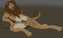 1boy 2015 anthro balls brown_fur closed_eyes feline fur half-erect lion male male_only mammal nude penis pig_(artist) resting solo stripes white_fur