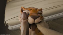 2026 3d_(artwork) absurd_res anthro bed bedroom black_stripes blender_(artwork) blender_cycles_(artwork) digital_media_(artwork) dreamworks duo eye_reflection felid female finger_in_mouth fur furniture genitals glistening glistening_eyes hand_in_mouth hi_res huge_filesize human humanoid_genitalia humanoid_penis kung_fu_panda long_teeth looking_at_viewer male male/female mammal master_tigress multicolored_body one_eye_closed orange_body orange_fur pantherine penis penis_on_face reflection stripes tiger tongue tongue_out uberpuber whiskers white_body white_fur