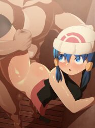 1boy against_wall animated audible_internal_cumshot audible_speech blue_eyes blue_hair bottomless bouncing_breasts breasts clothed_sex commentary commission dawn_(pokemon) english_commentary female flexible highres holding_another's_leg leg_lift leg_up medium_breasts missing_headwear navel nude okaimikey penis pokemon pokemon_diamond/pearl/platinum sex sex_from_behind shiny_skin short_hair solo_focus sound split spread_legs standing standing_on_one_leg standing_sex standing_split straight tagme vaginal_penetration video