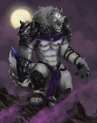 1boy abs anthro armor badcoyote balls biceps canine clothing furry glowing glowing_eyes knife loincloth male male_only mammal muscles necklace night nipple_piercing nipples outside penis piercing solo standing weapon were werewolf wolf