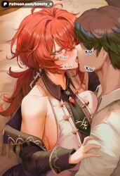 b34sty_0 patreon ai_generated watermark diluc_(genshin_impact) genshin_impact hoyoverse mihoyo hair eyes red_hair ponytail long_hair red_eyes breasts boobs tits big_breasts large_breasts big_tits big_titties large_tits large_titties big_boobs big_boobies large_boobs large_boobies black_hair short_hair standing drunk drunk_bubble kiss kissing tongue tongue_out blush french_kiss french_kissing open_mouth hand_on_shoulder looking_at_another looking_at_partner looking_up_at_partner shirt white_shirt coat black_coat tie necktie black_tie black_necktie 1girl 1girls 1boy 1girl1boy 1boy1girls 1boy1girl genderswap genderswap_(mtf) rule_63 rule63 indoors bed bedroom sheets white_sheets